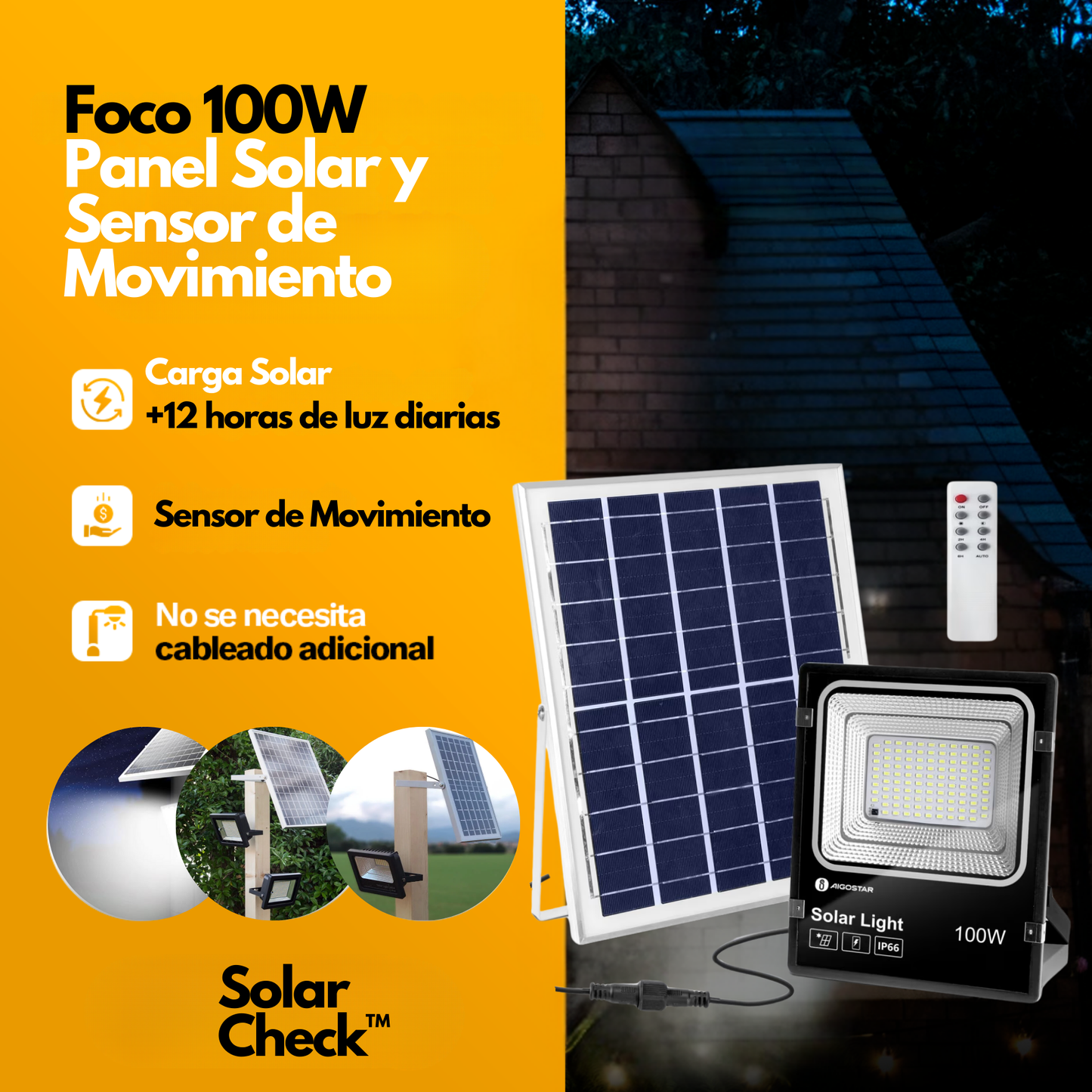 Foco Led Con Panel Solar Para Exteriores 100W