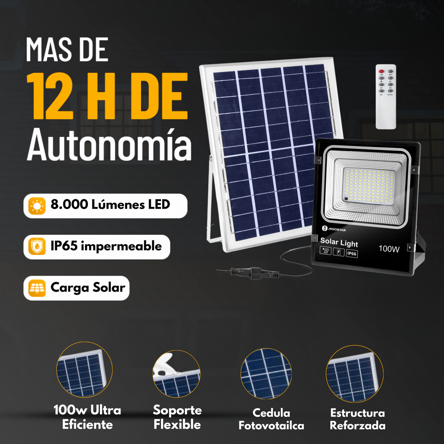 Foco Led Con Panel Solar Para Exteriores 100W